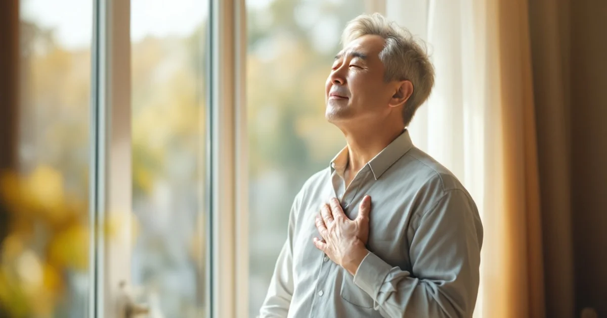 禁煙を続けて表情が明るくなった40代男性が朝の窓辺で深呼吸している様子