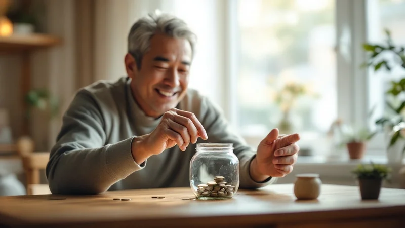 禁煙で浮いたお金を貯金箱に入れ、家族との将来を思い描く40代男性