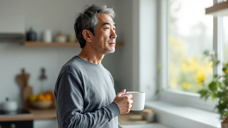 朝の明るいキッチンで白いマグカップを片手に持ち、窓の外を眺める40代後半の日本人男性。こめかみに白髪が見える