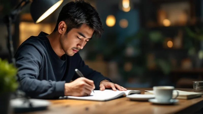40代男性が手書きで禁煙の理由をノートに書き出している様子