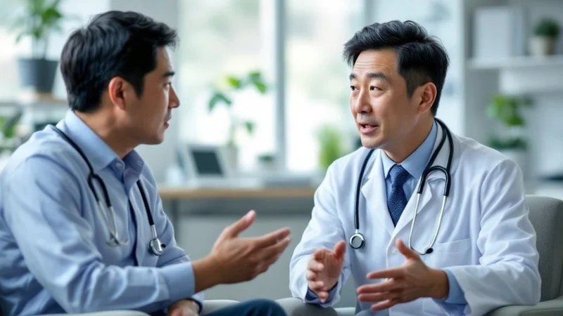 禁煙外来で医師から説明を受ける40代・50代の男性患者