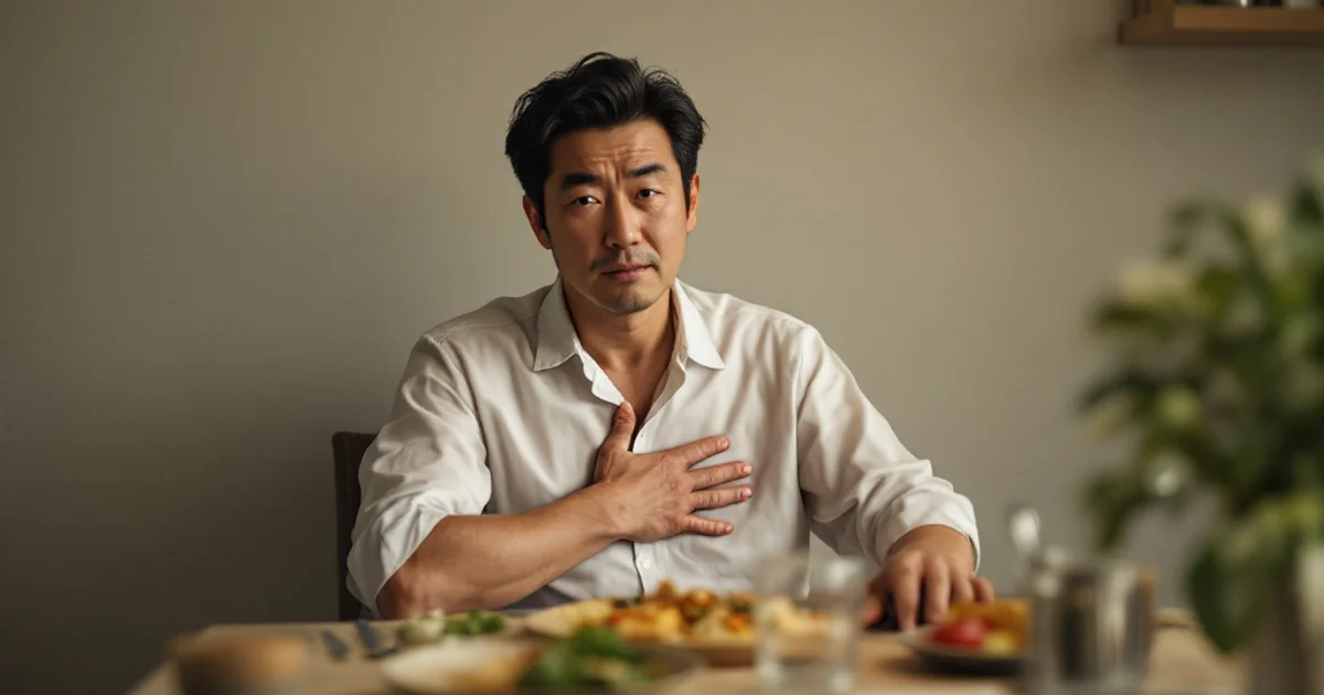 夕食を終えた食卓で、胸に手を当てて胸やけの不快感をこらえる40代後半の男性