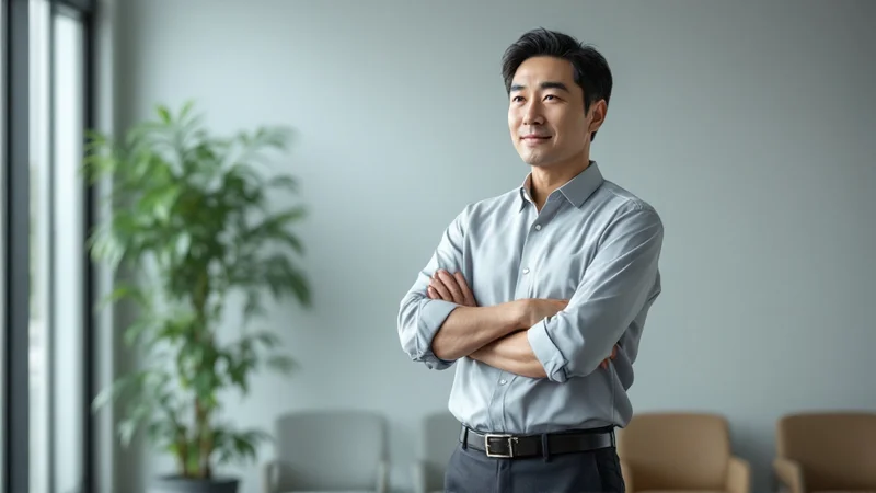 クリニックの待合で腕を組んで立ち、診察の順番を待つ40代後半の男性