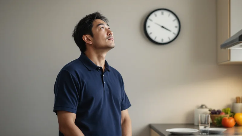 キッチンの壁時計を見上げ、夕食を終える時刻を確認する40代後半の男性