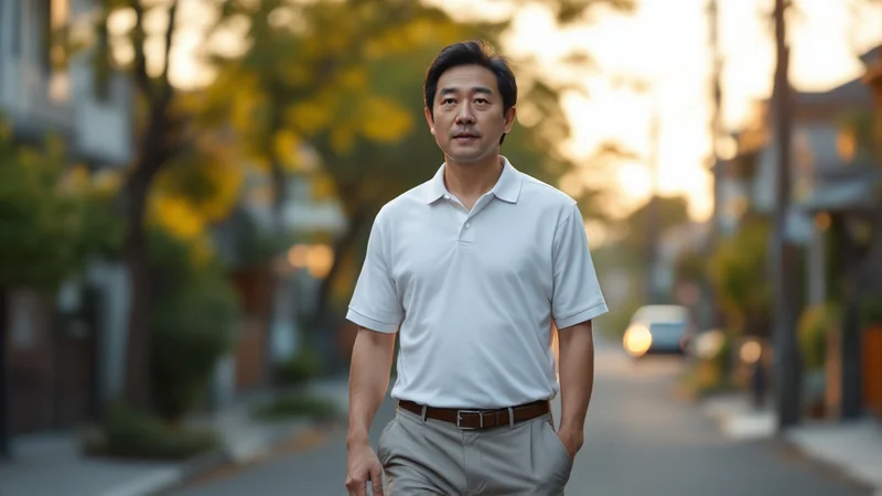 夕食のあと、住宅街の道をゆっくり歩いて過ごす40代後半の男性