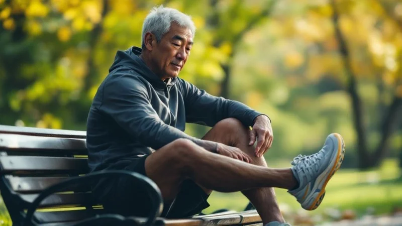公園のベンチに片足をかけてハムストリングをじっくり伸ばす50代の日本人男性