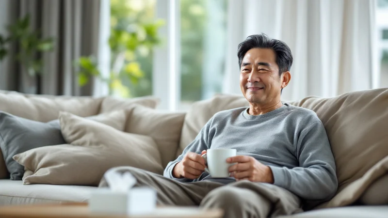 自宅のソファでマグカップを手に、かぜの回復期を過ごしている50代の男性。手前にティッシュ箱