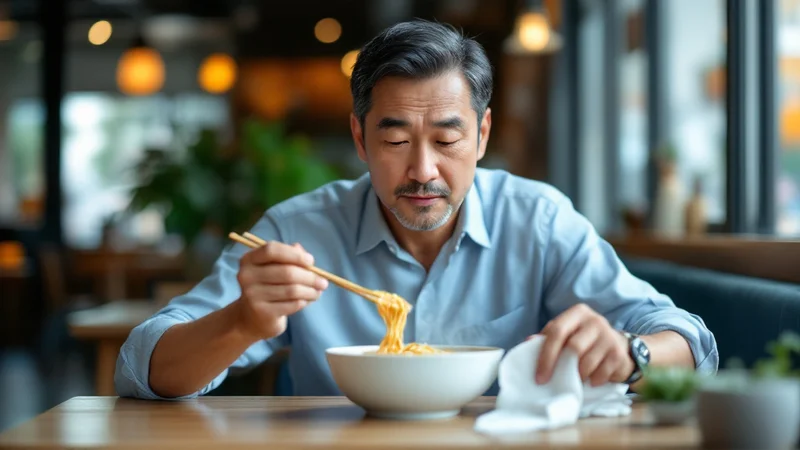 飲食店で熱い麺類を食べながら、ナプキンに手を伸ばしている50代の男性