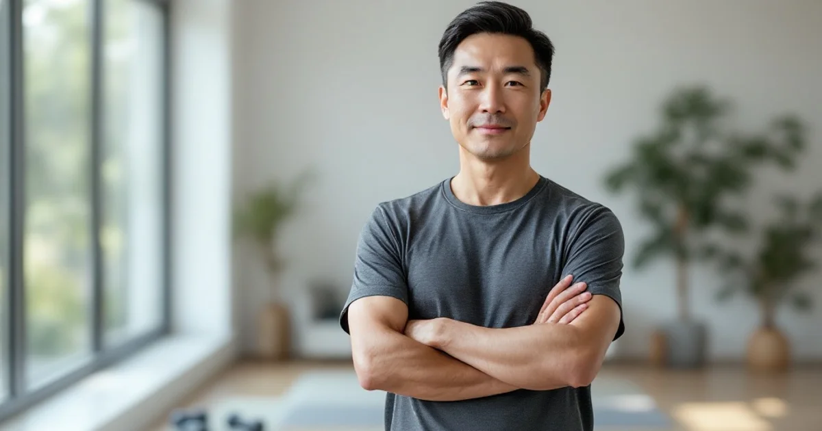 腕を組んで立つ40代の日本人男性。筋肉量の減少を意識し始めた表情