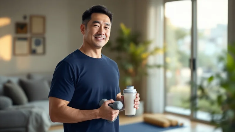 ダンベルを片手に持ち、もう一方の手でプロテインドリンクのカップを持つ40代の日本人男性