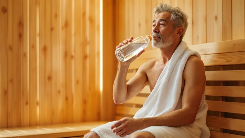 サウナに入る前に水分補給をしながら体調を確認する、健康に気を配る50代の日本人男性