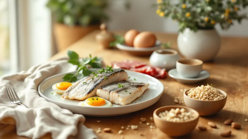 明るい木製のキッチンテーブルに並べられたセレンを含む食材——白いお皿に盛られた焼き魚、卵2個、薄切りの牛肉、小さなボウルに入ったブラジルナッツとアーモンド、玄米のご飯茶碗、ベージュのリネン布が添えられている