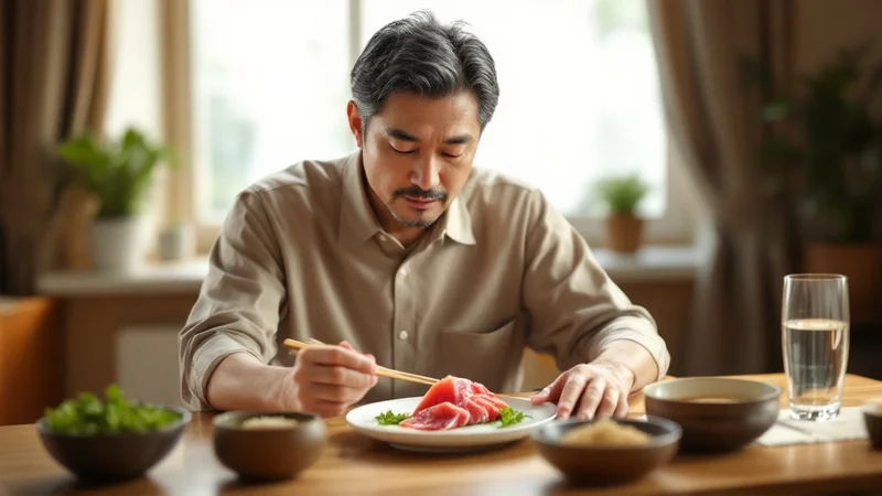 40代後半の日本人男性がベージュのシャツを着て明るいダイニングテーブルに座り、まぐろの刺身定食を箸で食べながら穏やかな表情で食事を楽しんでいる。テーブルには玄米のご飯茶碗と味噌汁・小皿のサラダ・水のグラスが並んでいる