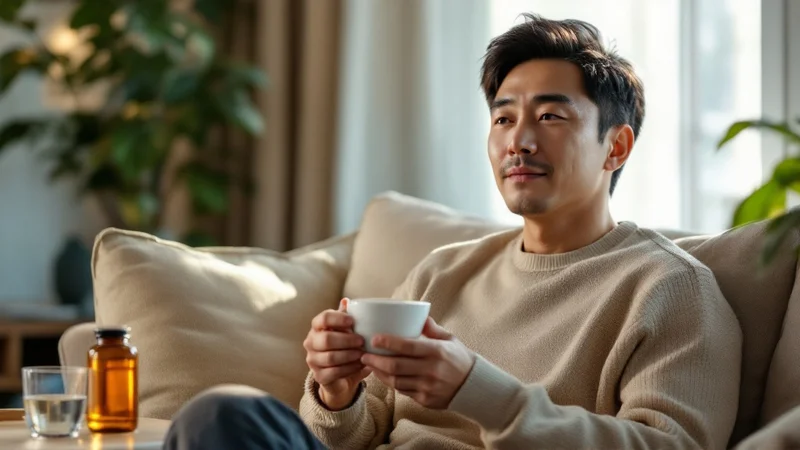 40代後半の日本人男性が、ベージュのニットセーターを着てリビングのソファにゆったりと座り、両手で持った白いカップを膝の上で持ちながら穏やかな表情でくつろいでいる。サイドテーブルには水のグラスと琥珀色のサプリ瓶が置かれている
