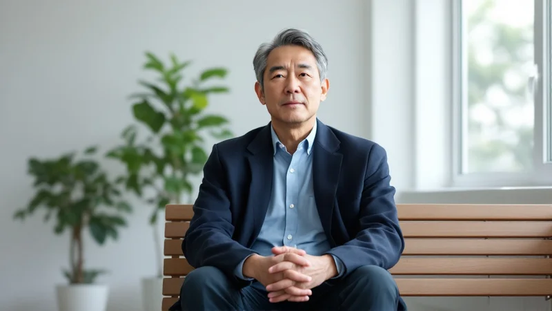 クリニックの明るい待合スペースのベンチで、診察の順番を待っている50代の男性