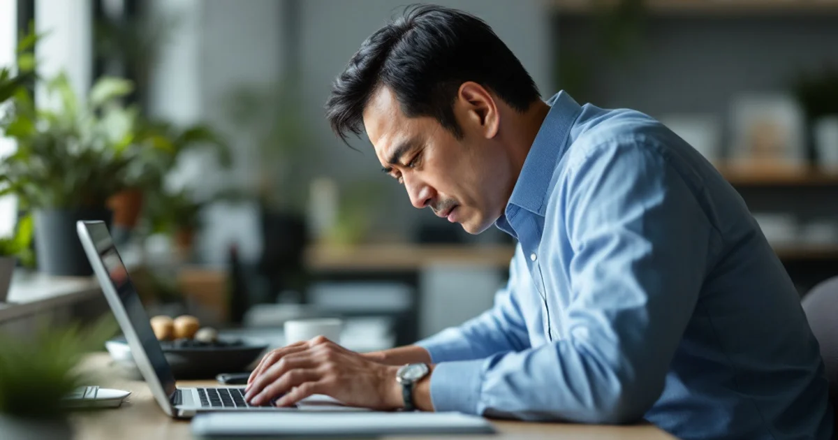 低い位置のノートパソコンに前かがみで向かい、肩が前に出た姿勢で作業する40代後半の男性