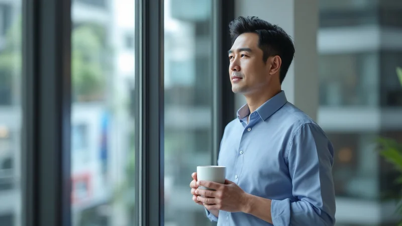 オフィスの窓際でマグカップを持って立ち、席を離れて休憩する40代後半の男性