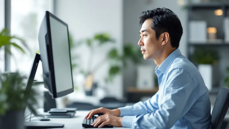 目の高さに上げたモニターと手前に引いたキーボードで、背筋を伸ばして作業する40代後半の男性