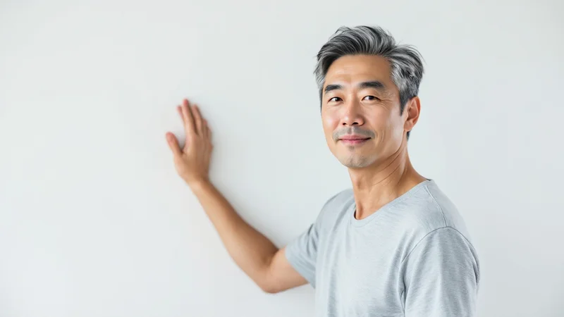 明るい部屋で白い壁に手をつき、指を這わせながら少しずつ腕を上げていく40代後半の日本人男性