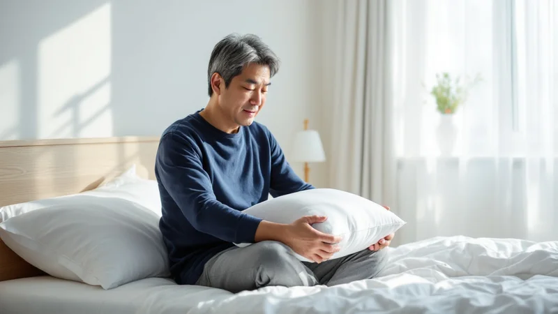 朝の明るい寝室で、ベッドに腰かけて枕の位置を整える40代後半の日本人男性
