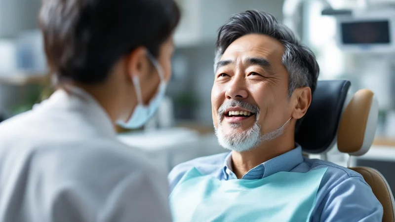 歯科医院の診察室でマウスピースの説明を受ける40代の日本人男性