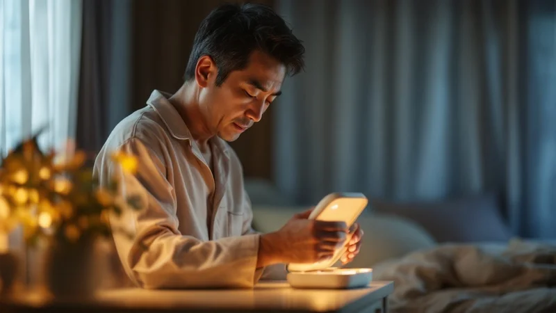 就寝前にベッドサイドでマウスピースのケースを開ける40代の日本人男性