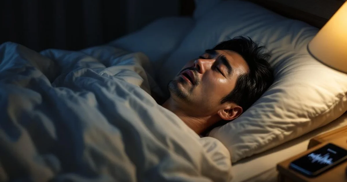 暗い寝室のベッドで仰向けに寝ながら口を開けて大きないびきをかく40代後半の日本人男性。枕元のナイトテーブルに置かれたスマートフォン画面にはいびき検知アプリのサウンドウェーブが表示されている