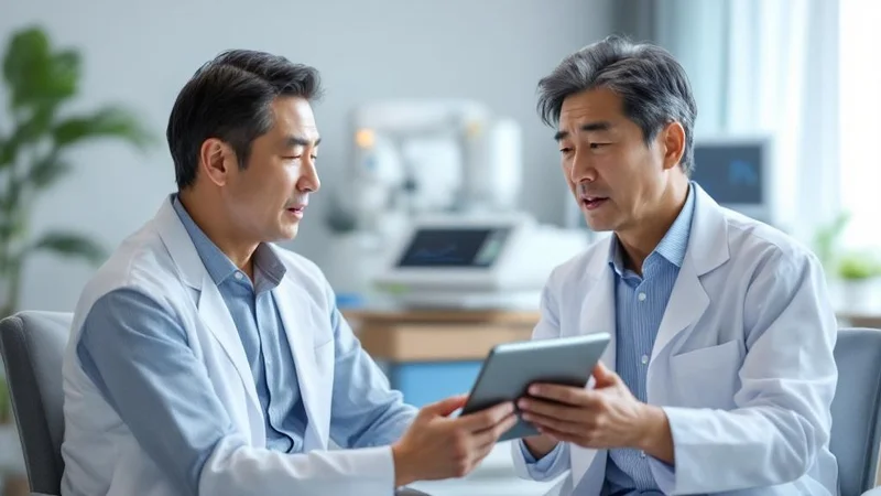 クリニックの診察室で呼吸器内科の男性医師が40〜50代の日本人男性患者にタブレット画面で検査結果を説明している落ち着いたシーン