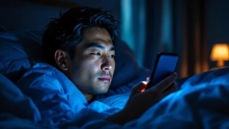 暗い寝室のベッドでスマートフォンの画面を見つめる40代日本人男性。画面の青白い光が顔を照らし、目が冴えている表情