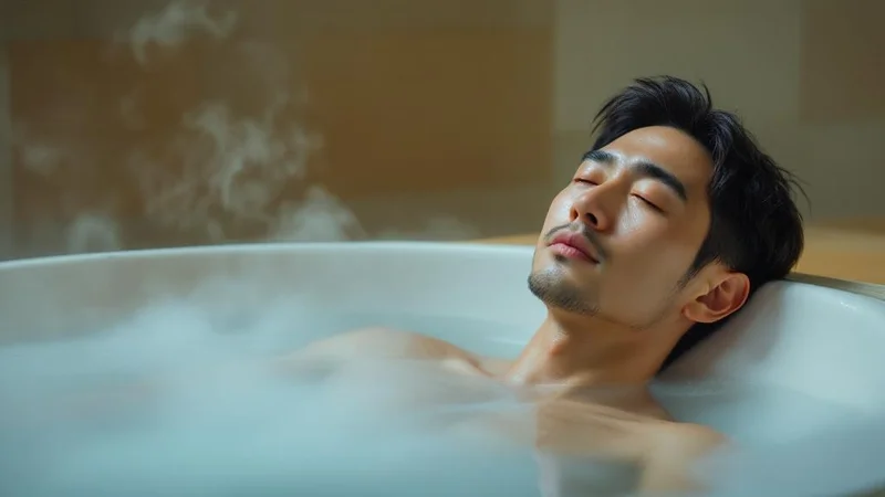 湯気の立つバスタブにゆったりと浸かる40代日本人男性。穏やかな表情で目を閉じ、肩までお湯に浸かってリラックスしている