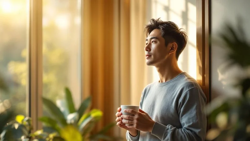 朝の窓辺で自然光を浴びる40代日本人男性。明るい光が室内に差し込み、コーヒーカップを手に穏やかな表情でくつろいでいる