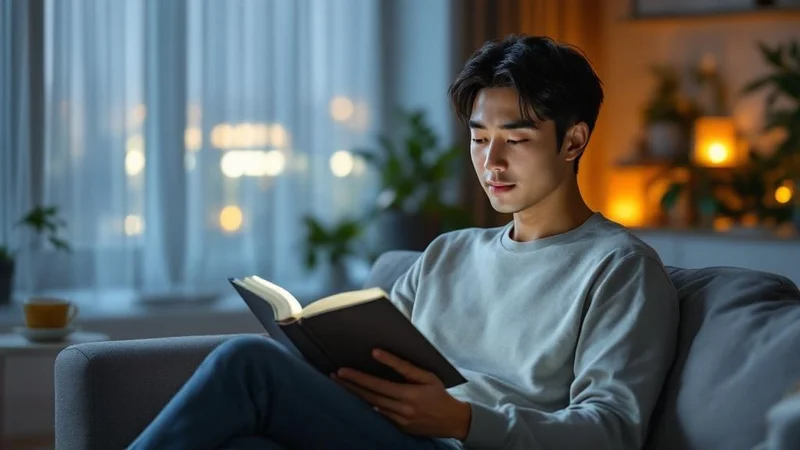 夜のリビングでソファに座り本を読んでリラックスする40代日本人男性