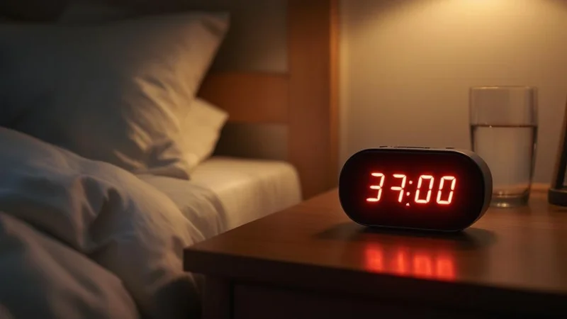 ベッドサイドテーブルに置かれた深夜3時を示すデジタル時計と水のグラス