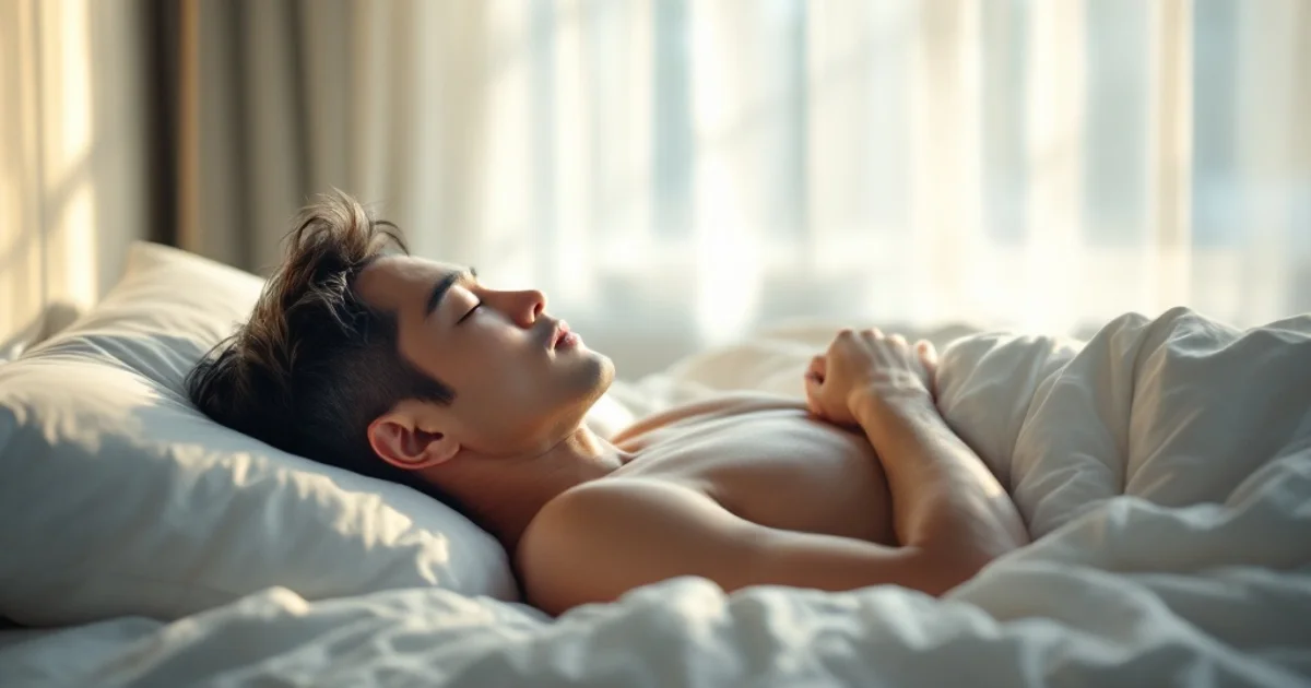 明るい寝室のベッドで仰向けに気持ちよく眠る40〜50代の日本人男性