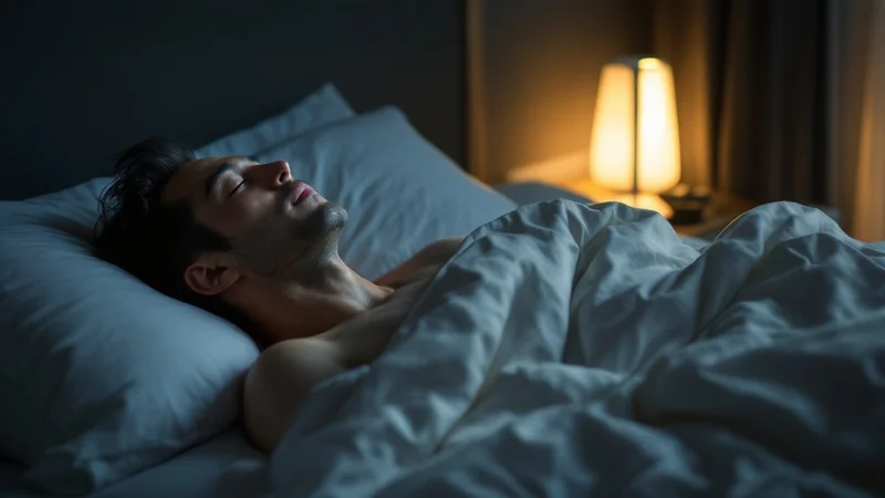 夜の暗い寝室でベッドサイドランプの灯りのもと深く眠る日本人男性