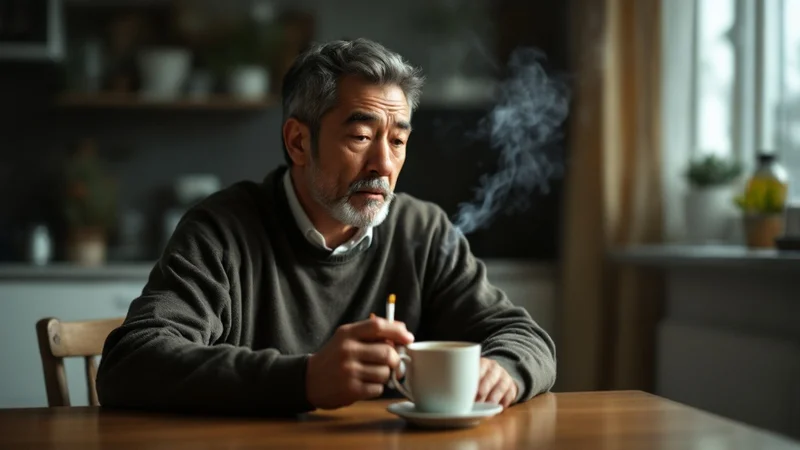 キッチンテーブルでタバコを手に持ち、じっと見つめる40代の日本人男性。禁煙を考え始めた表情と穏やかな室内照明