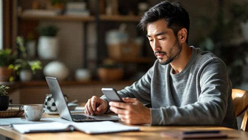 自宅のデスクでスマートフォンを手に禁煙外来を調べる40代の日本人男性。傍らにノートとペン、窓から差し込む柔らかい自然光