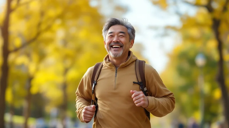 明るい都市公園を晴れやかな笑顔でジョギングする40代の日本人男性。禁煙成功後の健康的で活力に満ちた姿
