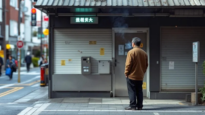 たばこの煙が漂う屋外で、40代日本人男性が喫煙エリアに立っている後ろ姿の写真