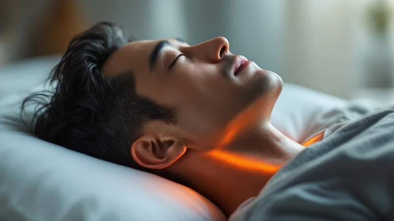 仰向けに眠る日本人男性の横顔・首・喉のアップ。オレンジ色の光で気道部分を強調し、いびき発生のメカニズムを表現