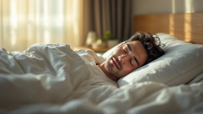 横向きで安らかに眠る40代日本人男性。白いリネン、朝の自然光が差し込む寝室。いびき対策としての理想的な横向き寝姿勢