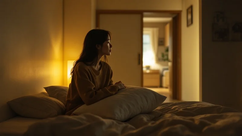 別室のベッドで枕を抱え、廊下の明かりを見つめる女性の寂しげな様子