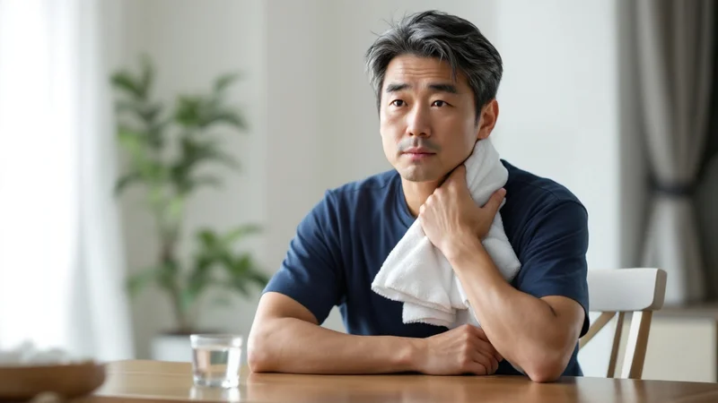 ダイニングテーブルで、たたんだ白いタオルを首の左側に当てて冷やしている40代後半の男性