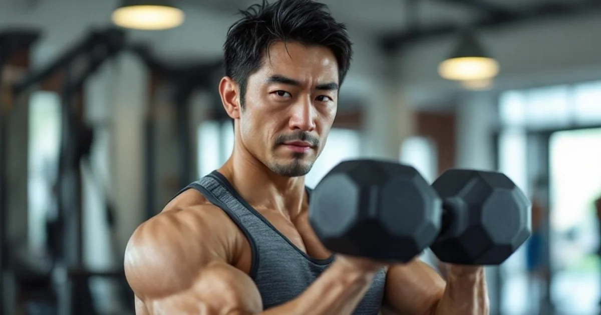 40代の日本人男性がジムで集中してダンベルカールをしている写真