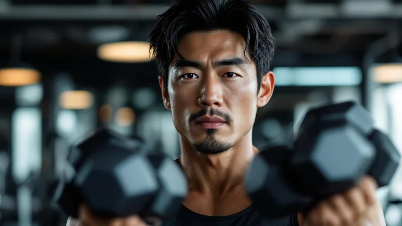 40代の日本人男性がジムでダンベルを使ったトレーニングをしている写真