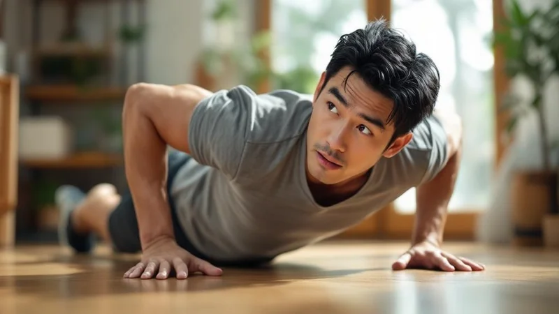 自宅のリビングでプッシュアップをしている40代の日本人男性の写真