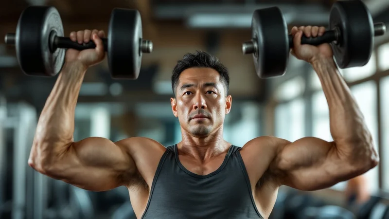 ジムでダンベルを使った筋トレを行う40代の日本人男性