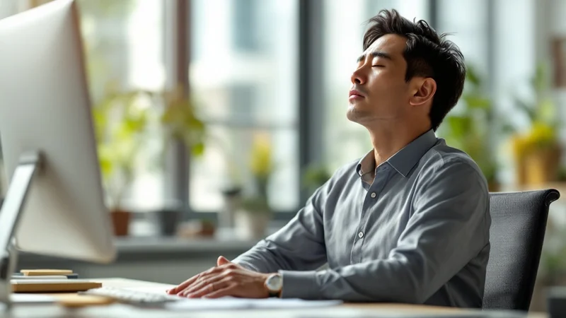 オフィスで椅子にもたれ、目を閉じて深呼吸をする40代日本人男性