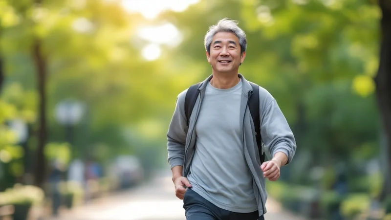 朝の光の中でウォーキングをする40代日本人男性