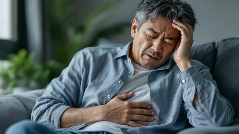 ソファで胃を押さえ頭を抱える40〜50代の日本人男性
